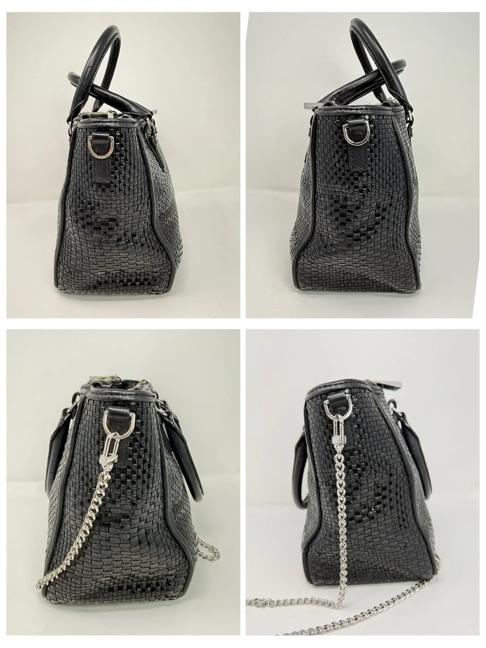 Tory Burch Robinson Black Basket Weave Leather Small Tote Satchel with Chain - Picture 10 of 16